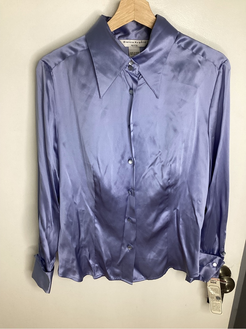 Vtg Deadstock Bianca Nygård Paulina Lavender Satin 100% Silk Blouse 14 Petite